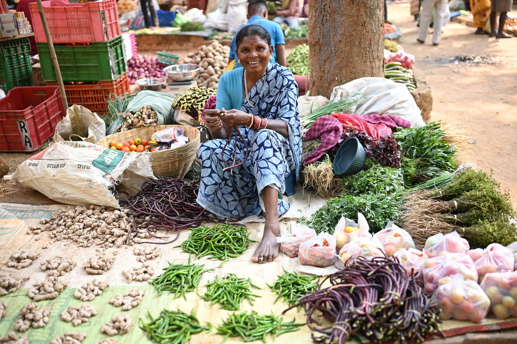 Une femme d'une communauté tribale vend des produits forestiers au marché local.