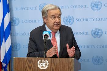 Secretary-General António Guterres speaks to the press at the UN Headquarters, in New York.