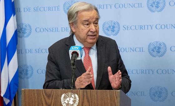 Secretary-General António Guterres speaks to the press at the UN Headquarters, in New York.