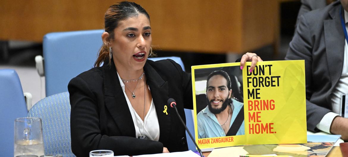 Ilana Gritzewsky, survivor of Hamas captivity and partner of Matan Zangauker, addresses the United Nations Security Council meeting on the situation in the Middle East, including the Palestinian question. Ilana Gritzewsky, survivor of Hamas captivity and partner of Matan Zangauker, addresses the United Nations Security Council meeting on the situation in the Middle East, including the Palestinian question.