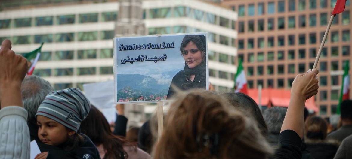 Protesters gather in Stockholm, Sweden, after the death of 22-year-old Mahsa Amini in the custody of Iran's morality police.