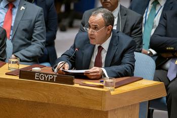 وزير الخارجية المصري، بدر أحمد محمد عبد العاطي، يتحدث في اجتماع لمجلس الأمن الأمم المتحدة .