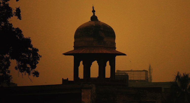 The dome of a Mosque in Pakistan as the sun rises.
