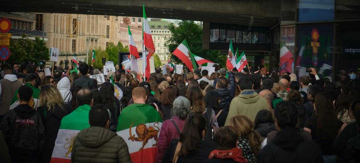 Protesters gather in Stockholm, Sweden, after the death of 22-year-old Mahsa Amini in the custody of Iran's morality police.