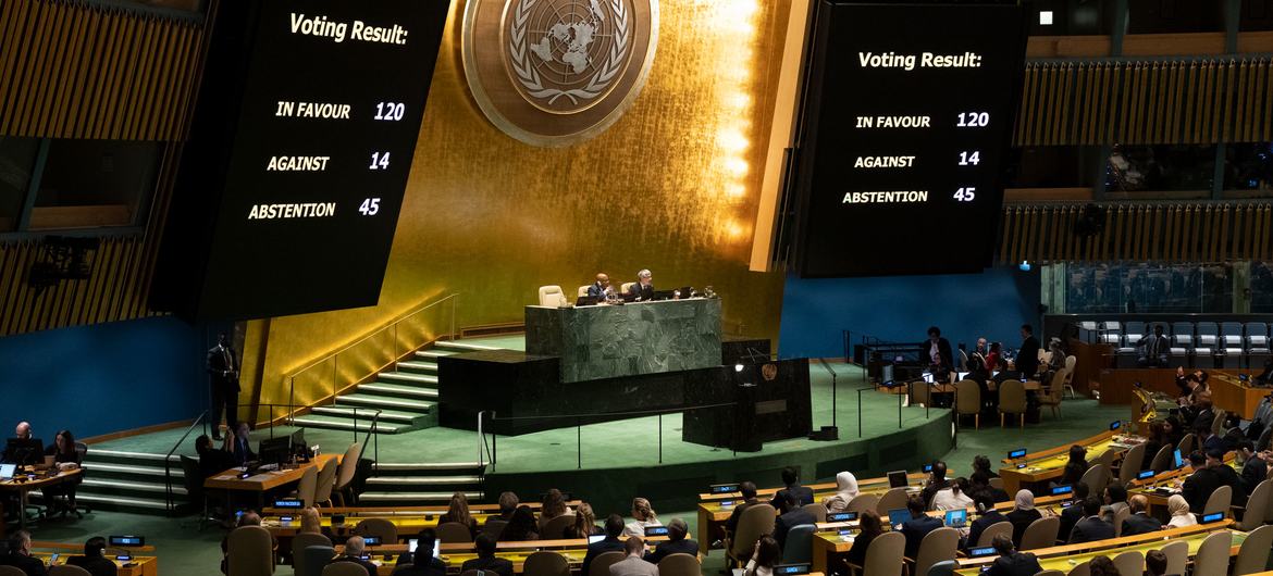 Members of the United Nations General Assembly vote on a resolution at the resumed 10th Emergency Special Session meeting on the situation in the Occupied Palestinian Territory.