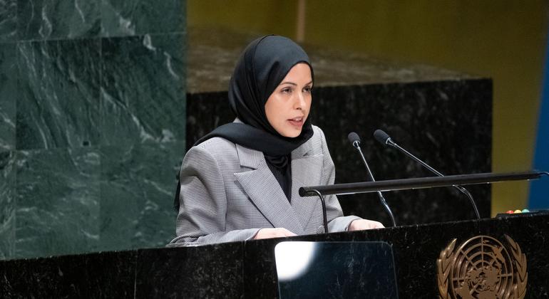 الممثلة الدائمة لقطر لدى الأمم المتحدة علياء أحمد بن سيف آل ثاني تتحدث أمام الدورة الاستثنائية الطارئة العاشرة للجمعية العامة