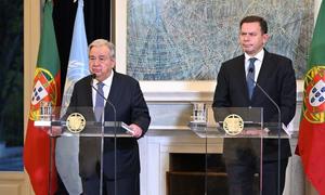 Secretary-General António Guterres (left) and Prime Minister Luís Montenegro of Portugal speak to reporters following the conclusion of the 10th Global Forum of the United Nations Alliance of Civilizations.