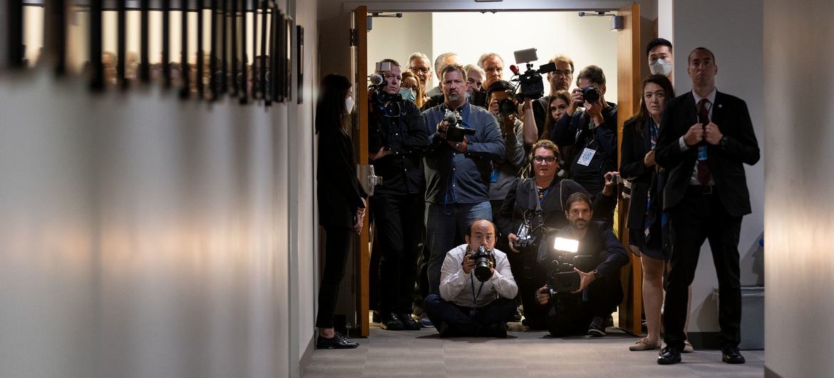 Vista de los periodistas antes de una conferencia de prensa en la sede de la ONU durante el debate de la Asamblea General.