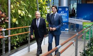 Secretary-General António Guterres (left) meets with Justin Trudeau, Prime Minister of Canada, at the Biosphere in Montreal, a museum dedicated to the environment.