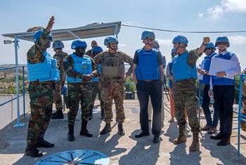 Jean-Pierre Lacroix (centre right), Under-Secretary-General for Peace Operations, talks to peacekeepers deployed to the UN mission in Lebanon, UNIFIL.
