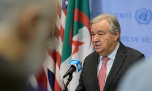 Secretary-General António Guterres speaks to the press at the UN Headquarters, in New York.