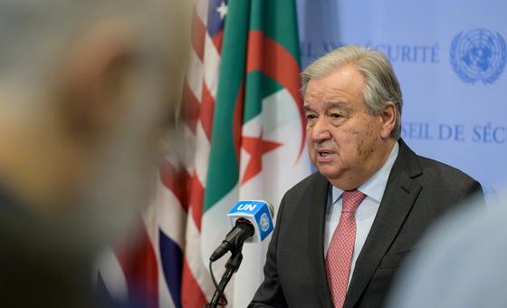 Secretary-General António Guterres speaks to the press at the UN Headquarters, in New York.