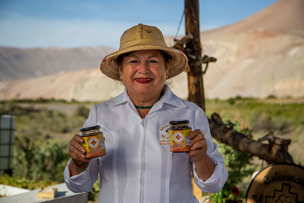 Edith Elgueta sostiene dos frascos de miel y propóleo en el desierto de Atacama, Chile.