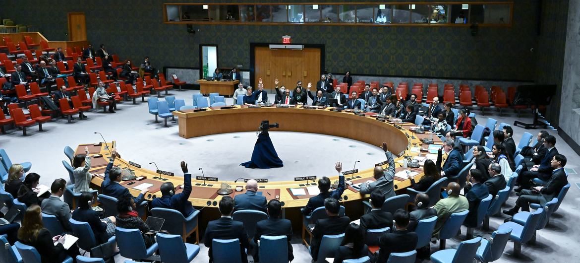 Security Council members vote on a draft resolution on the mandate renewal of the 1718 Committee Panel of Experts monitoring the sanctions imposed by the Security Council on the Democratic People’s Republic of Korea.