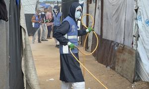 Trabajadores de salud medioambiental de UNRWA rocían insecticidas entre los refugios para desplazados. 