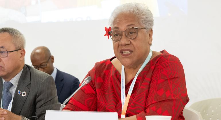 Prime Minister Fiamē Naomi Mataʻafa of Samoa addresses the high-level meeting on mobilization of resources at the fourth International Conference on Small Island Developing States (SIDS4).