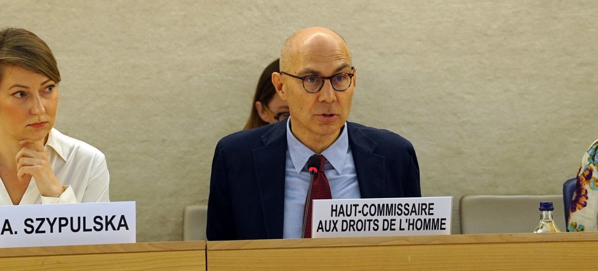Volker Türk, United Nations High Commissioner for Human Rights, speaks at the United Nations Human Rights Council (OHCHR) discussion on women's rights in Geneva.