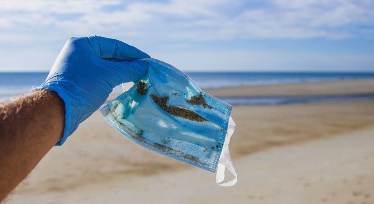 A face mask found during a beach cleanup in Hampton Beach, New Hampshire, USA.