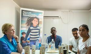 UNHCR Assistant High Commissioner for Protection Gillian Triggs (left) meets a group of asylum seekers on Samos island, Greece.