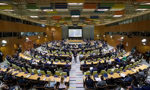 Secretary-General António Guterres (on screen) speaks at the ministerial meeting ahead of the High-level International Conference for the Peaceful Settlement of the Question of Palestine and the Implementation of the Two-State Solution.