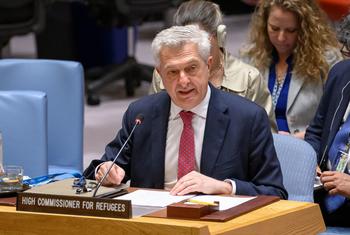 Filippo Grandi, UN High Commissioner for Refugees (UNHCR), briefs members of the UN Security Council.