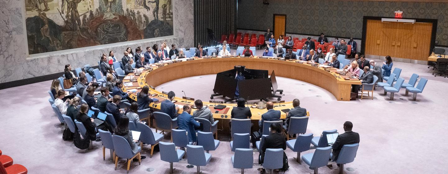Vista panorâmica da reunião do Conselho de Segurança das Nações Unidas em Nova Iorque, com os delegados sentados ao redor da grande mesa.