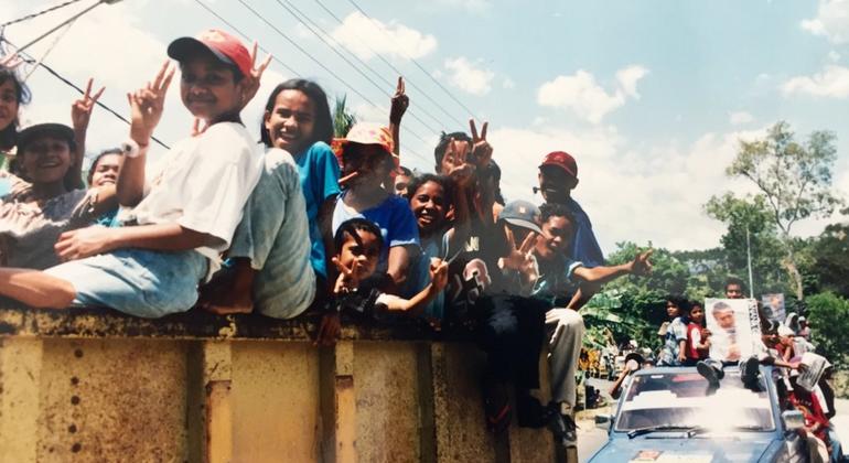 Voters in Timor Leste celebrate their right to vote in the 30 August 1999 referendum on self-rule.