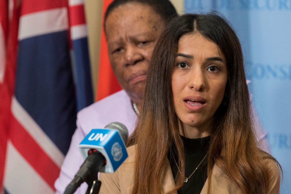 File photo from 2019 of Nadia Murad, Nobel Laureate and Goodwill Ambassador for the Dignity of Survivors of Human Trafficking of the United Nations Office on Drugs and Crime (UNODC).