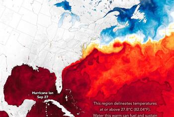 Imagen de la NASA mostrando la temperatura del agua del mar en la zona de formación del huracán Ian.
