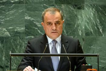 Министр иностранных дел Азербайджана Джейхун Байрамов на трибуне Генассамблеи ООН.