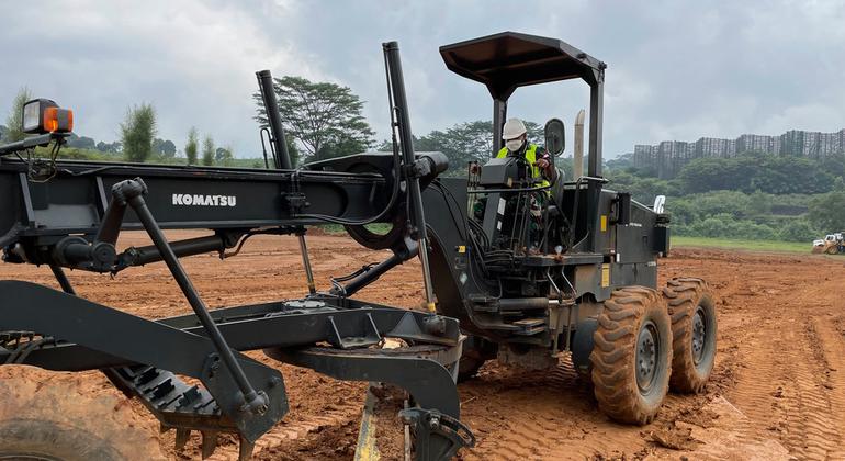 Private Ryan Herdhika of the Indonesian Army's 3rd Combat Engineer Battalion practices how to smooth the surface - a task he will be required to perform regularly at the United Nations peacekeeping mission MINUSCA rollout next month.