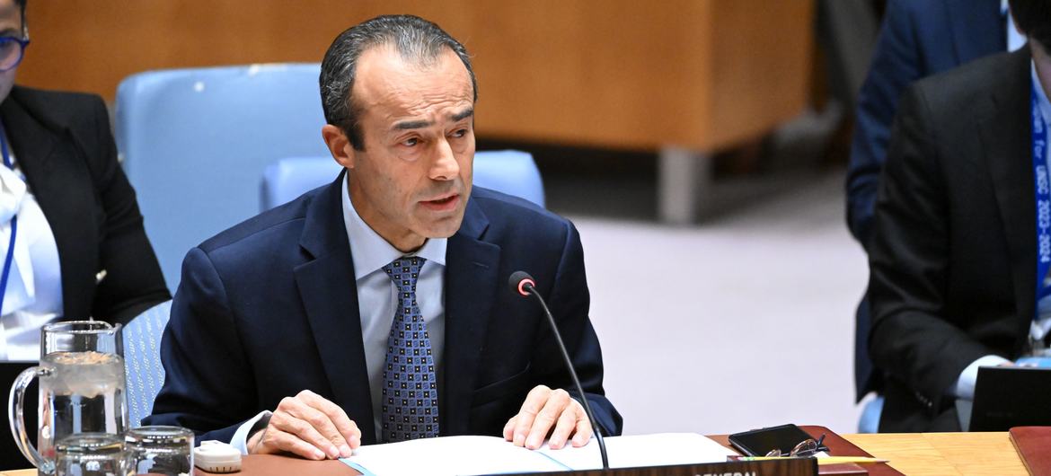 مشرق وسطیٰ، ایشیا اور الکاہل کے لیے اقوام متحدہ کے اسسٹنٹ سیکرٹری جنرل خالد خیری ایران کی درخواست پر بلائے گئے سلامتی کونسل کے اجلاس سے خطاب کر رہے ہیں۔