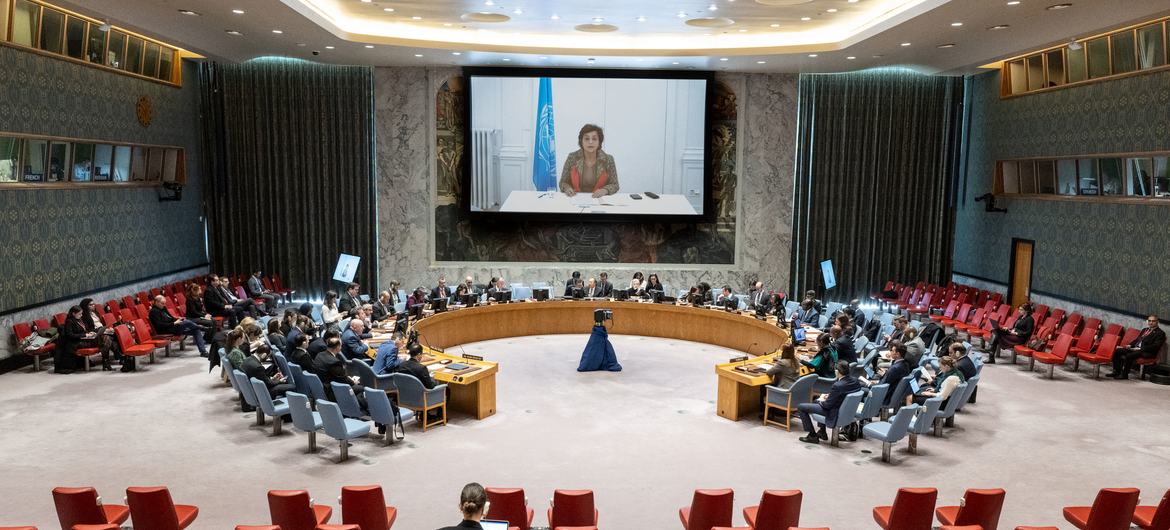 نائبة المبعوث الأممي الخاص لسوريا نجاة رشدي، متحدثة إلى مجلس الأمن عبر دائرة تلفزيونية مغلقة.