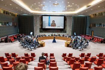 نائبة المبعوث الأممي الخاص لسوريا نجاة رشدي، متحدثة إلى مجلس الأمن عبر دائرة تلفزيونية مغلقة.