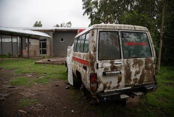 An ambulance damaged during the conflict in the Tigray region is seen rendered out of service at a health centre in Gijet in July 2021.