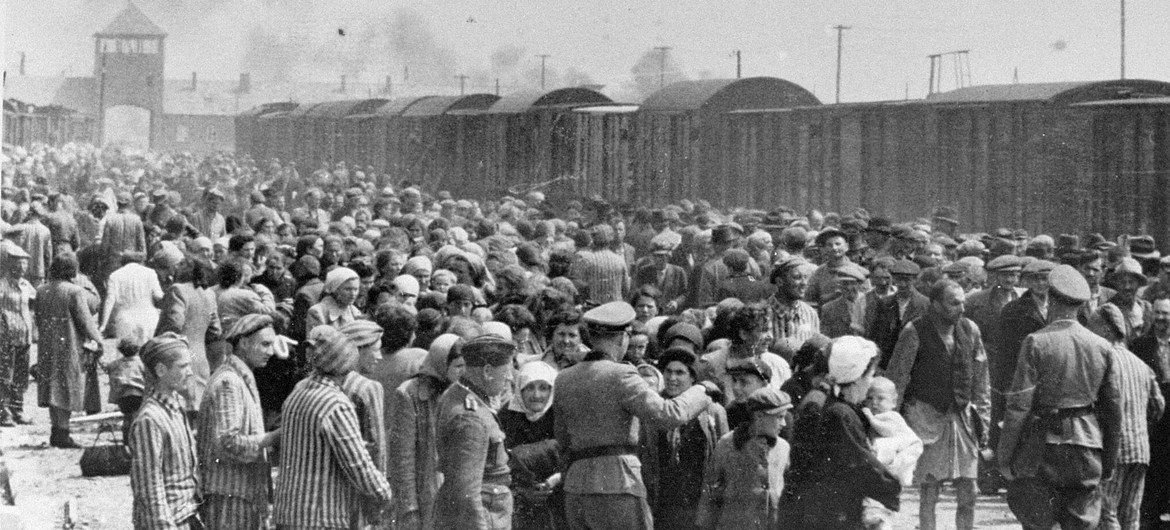 Jews from Subcarpathian Rus are subjected to a selection process on a ramp at Auschwitz-Birkenau, Poland.