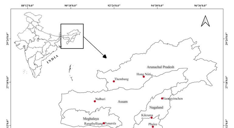 पूर्वोत्तर भारत जैव सांस्कृतिक पहल के अंतर्गत ICCA-GSI परियोजना स्थलों का मानचित्र. पूर्वोत्तर भारत जैव सांस्कृतिक पहल के अंतर्गत ICCA-GSI परियोजना स्थलों का मानचित्र.