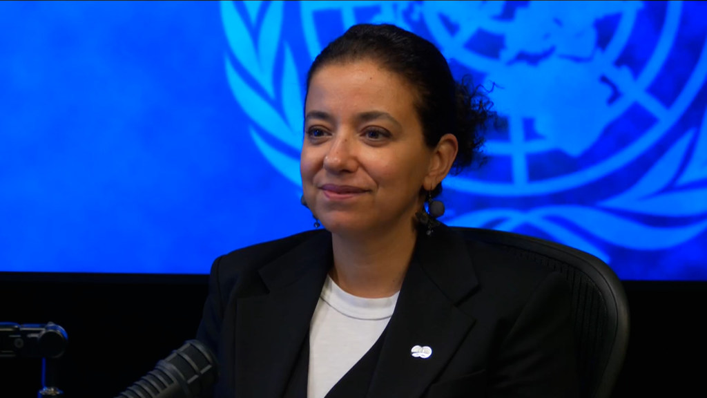 تظهر السيدة ديما الخطيب، مديرة مكتب United Nations للتعاون بين بلدان الجنوب (UNOSSC)، في الصورة أمام خلفية زرقاء تحمل شعار الأمم المتحدة .