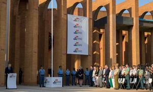 Remarks are delivered after the UN and Spanish flags are raised at the Financing for Development Conference in Sevilla.