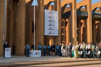 Remarks are delivered after the UN and Spanish flags are raised at the Financing for Development Conference in Sevilla.
