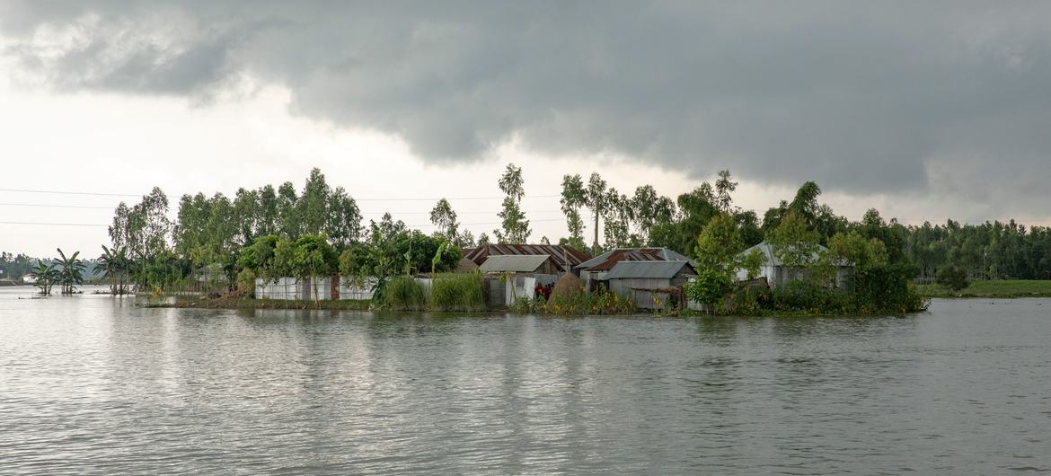 Houses and infrastructures are submerged by floodwaters in Kurigram, northern Bangladesh.