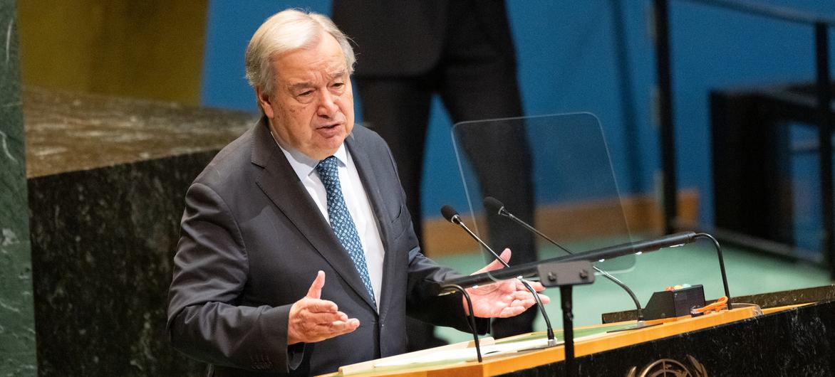 Secretary-General António Guterres addresses the high-level conference on the peaceful settlement of the question of Palestine and the implementation of the two-State solution.