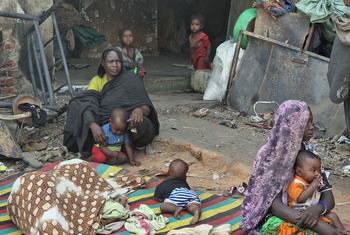 Displaced women and children at an IDP camp in west Darfur due to the fighting in Sudan.