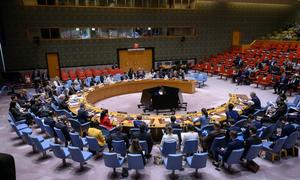 A wideview of the Security Council meeting as members discuss the situation in Ukraine.