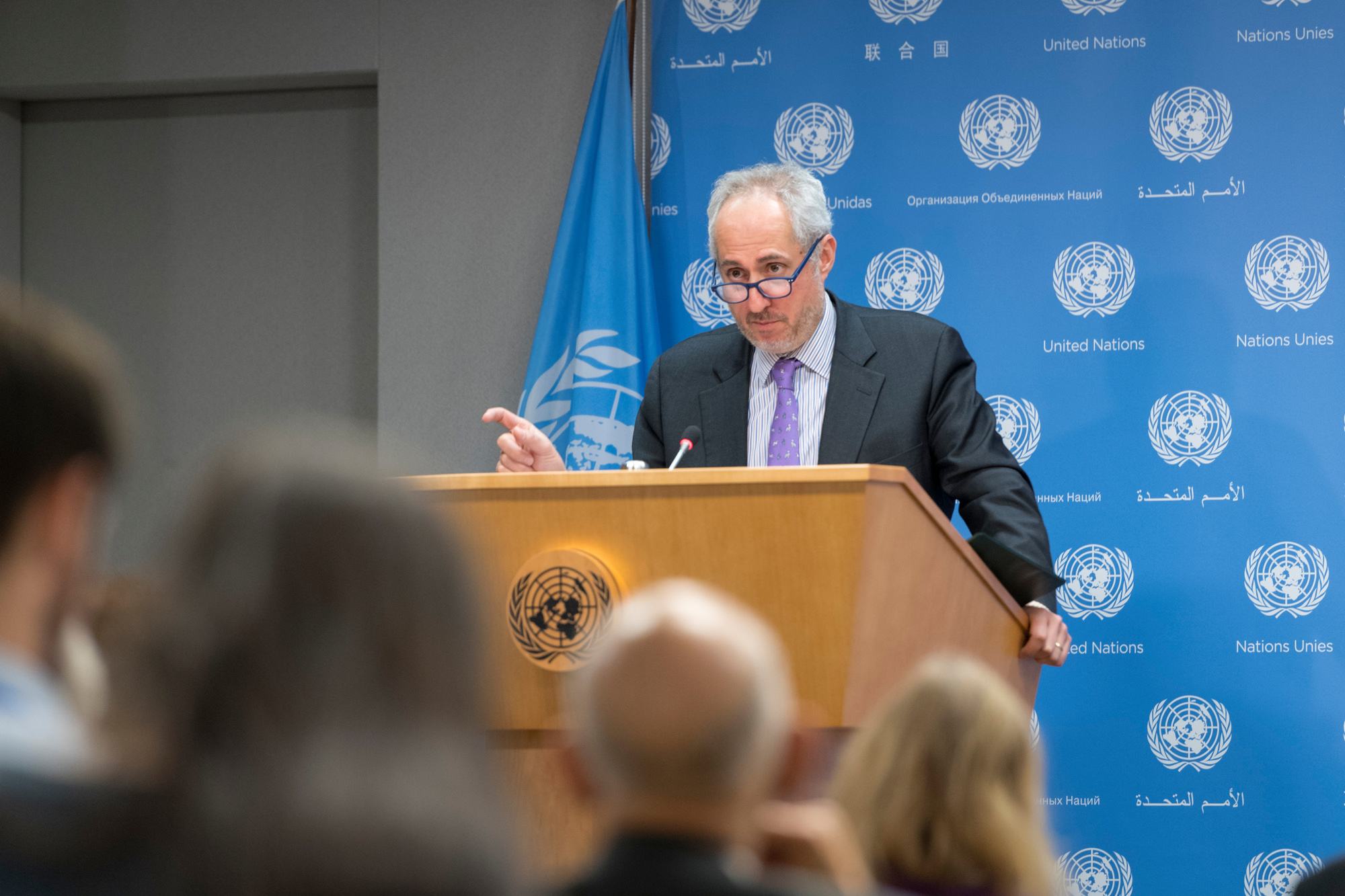Le porte-parole du Secrétaire général de l'ONU, Stéphane Dujarric, lors d'un point de presse à New York.