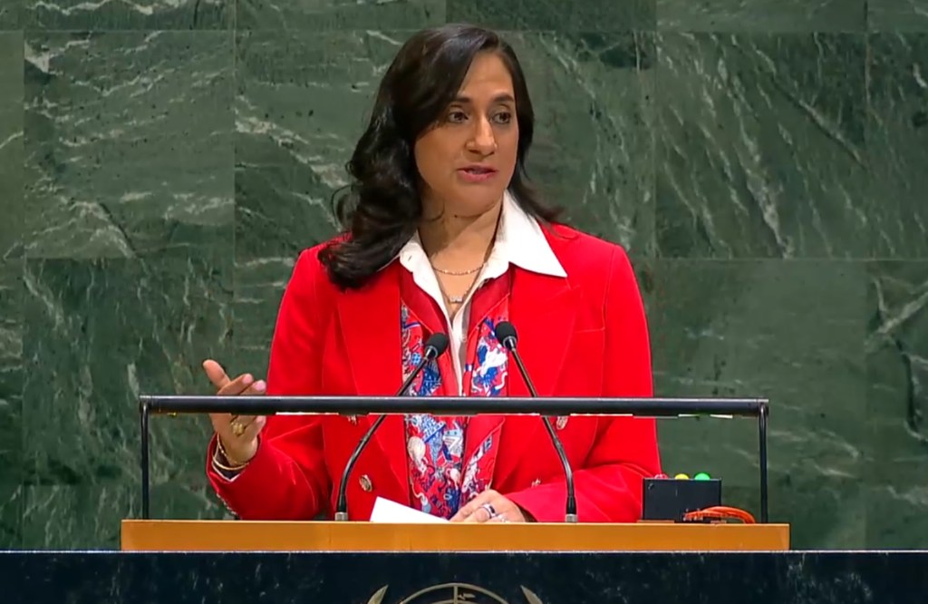 加拿大外交部长安妮塔·阿南德在联合国大会第八十届会议一般性辩论中发言。