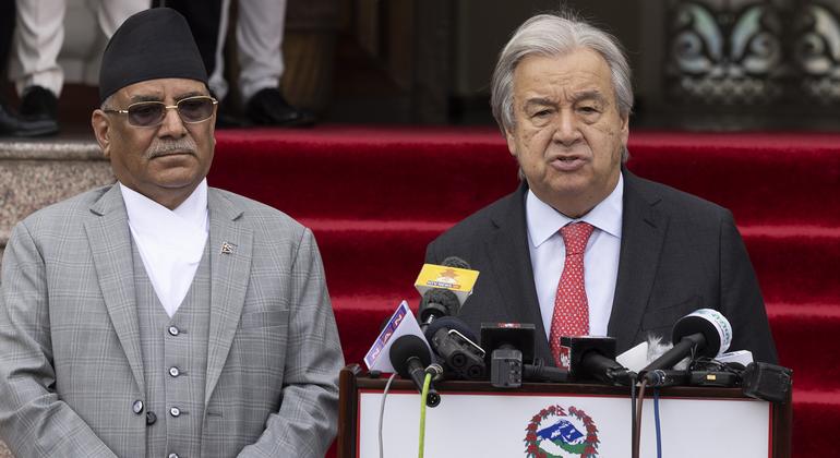 UN Secretary-General António Guterres  (right) addresses the media in Kathmandu, flanked by Prime Minister Pushpa Kamal Dahal.