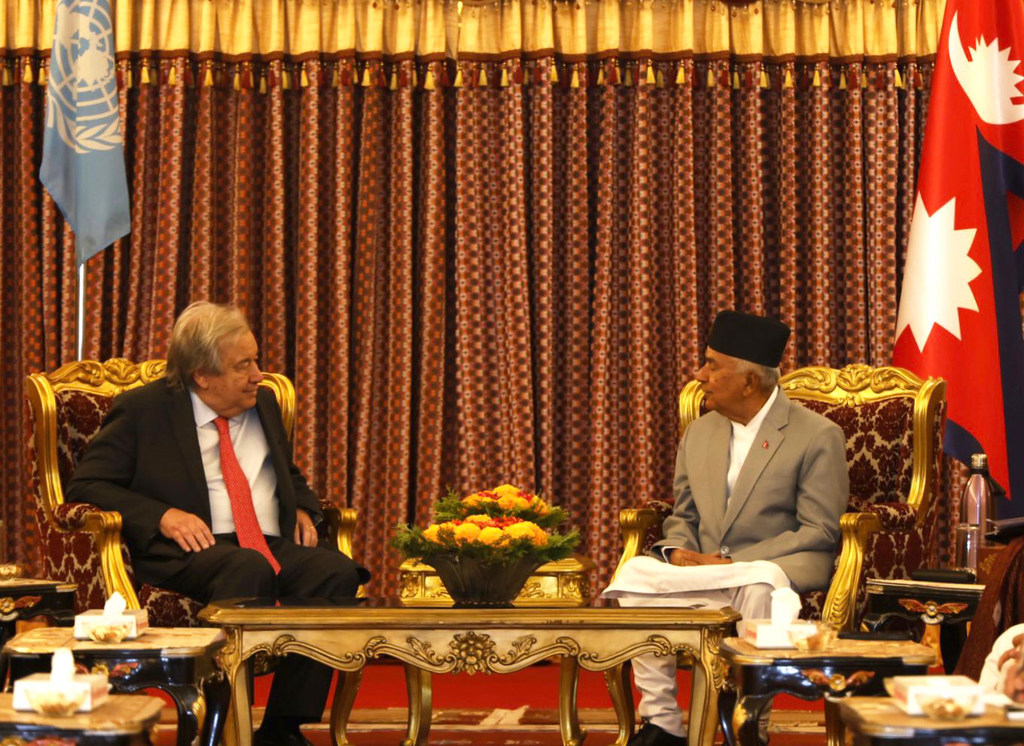 联合国秘书长古特雷斯在加德满都会见尼泊尔总统保德尔。