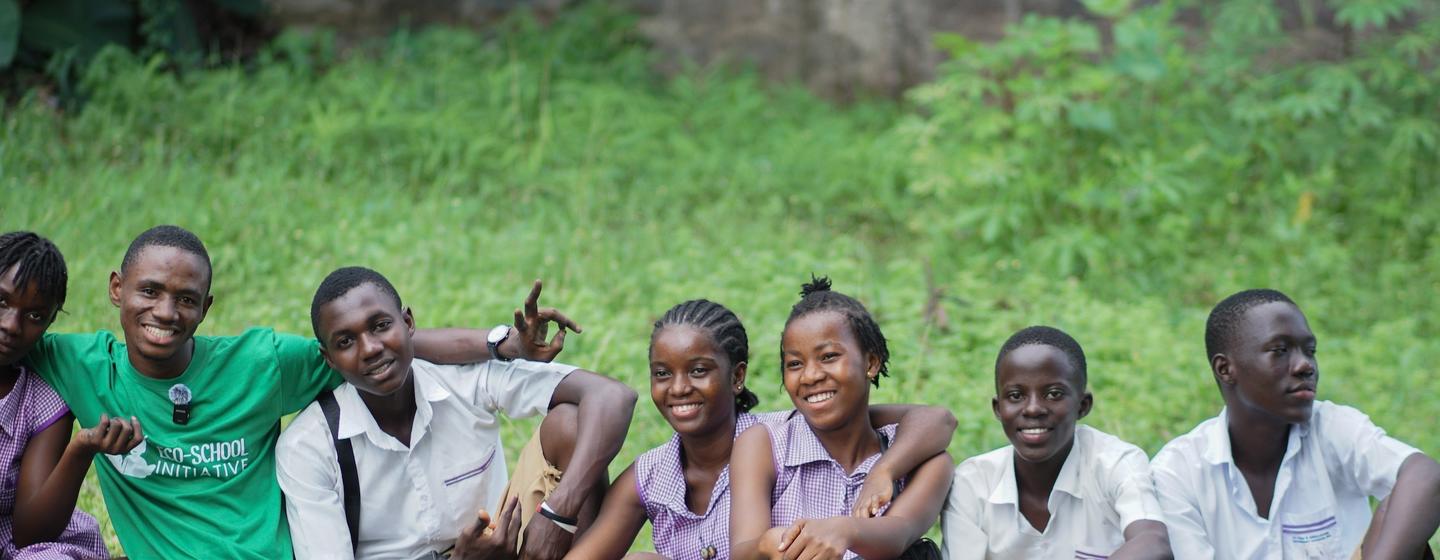 In Sierra Leone, young farmer and climate advocate Michael Nabieu (green t-shirt, second from the left) empowers students to turn waste into opportunity – advancing the spirit of social inclusion and sustainable development.