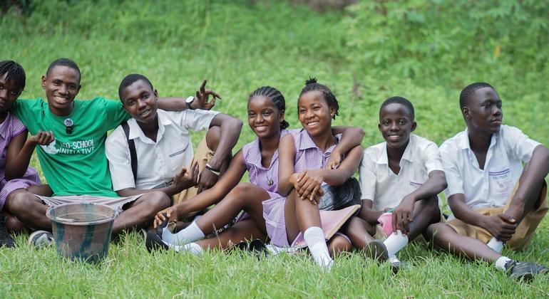 In Sierra Leone, young farmer and climate advocate Michael Nabieu (green t-shirt, second from the left) empowers students to turn waste into opportunity – advancing the spirit of social inclusion and sustainable development.
